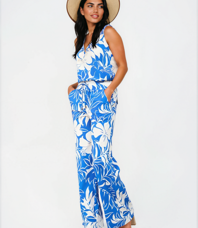 MI PIACE Travel Broek Straight Tropical Hibiscus Print 202433 Nautic Blue