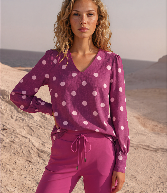 MI PIACE Travel Blouse Puff Sleeves Dot Structure Print Magenta 202226 Purple