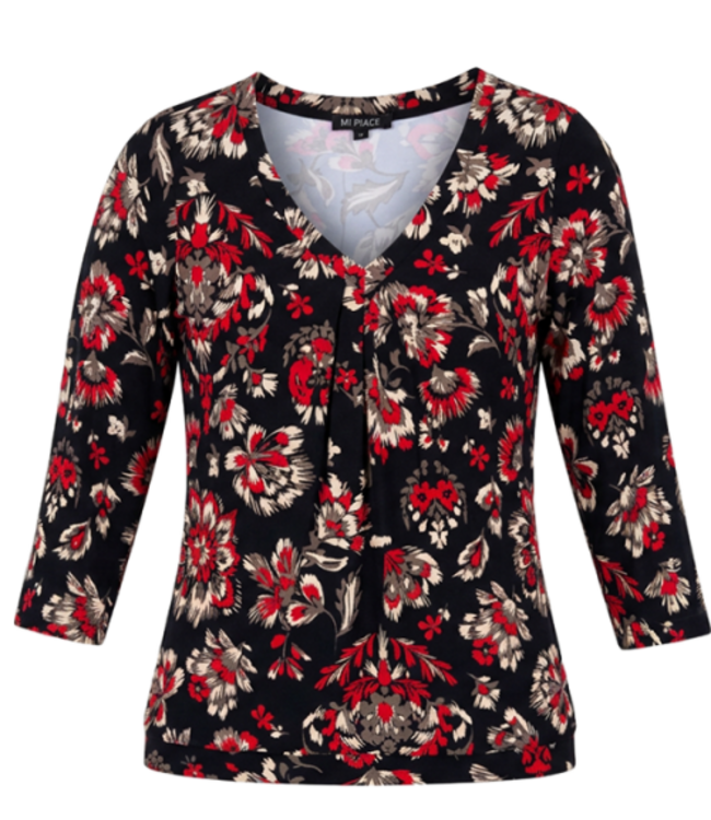 MI PIACE Travel Top V Neck Pleated 3/4 Sleeves Ornametal Flowers Print 202914 Samba