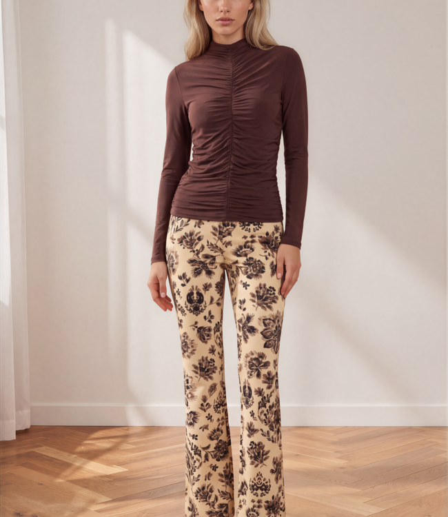 MI PIACE Travel Broek Straight Bonded Ornamental Flowers Print 202624 Sand
