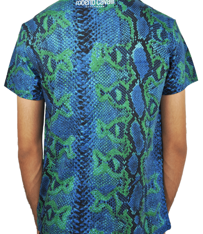 Roberto Cavalli T-shirt with Blue and Green Snake Print  and White Logo Print