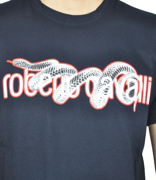 Roberto Cavalli Navy Blue T-shirt with Logo and snake print