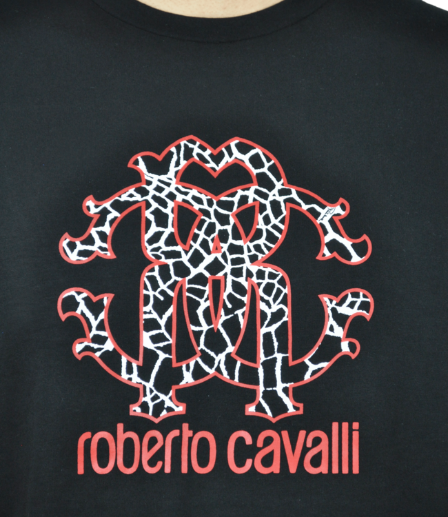 Roberto Cavalli Schwarzes T-Shirt mit rotem & weissem Logodruck