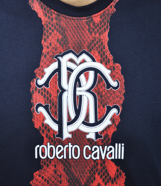 Roberto Cavalli Maglietta Blu Navy con stampa del logo e serpente