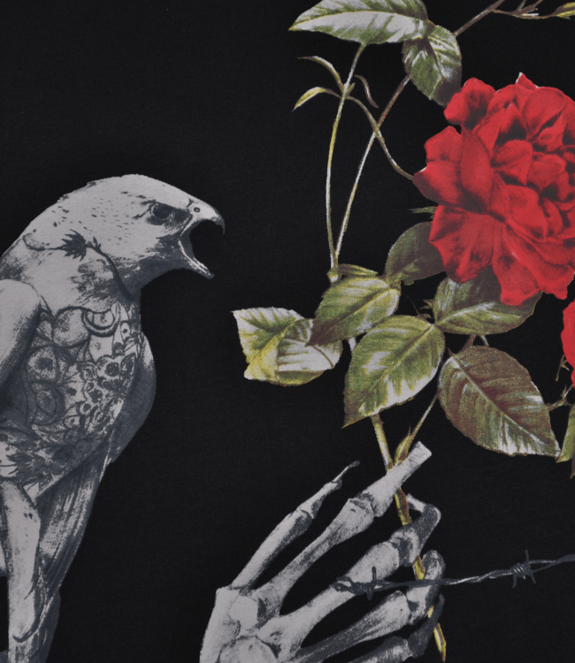 Just Cavalli Maglietta Nera con Stampa Grafica con Uccello e Rose