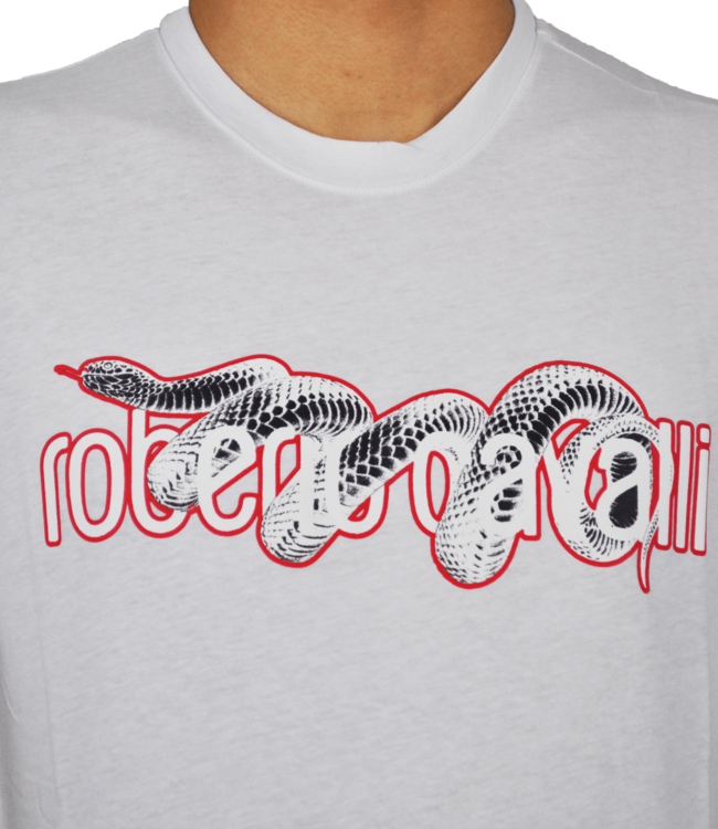 Roberto Cavalli T-shirt bianca con stampa del logo e di un serpente