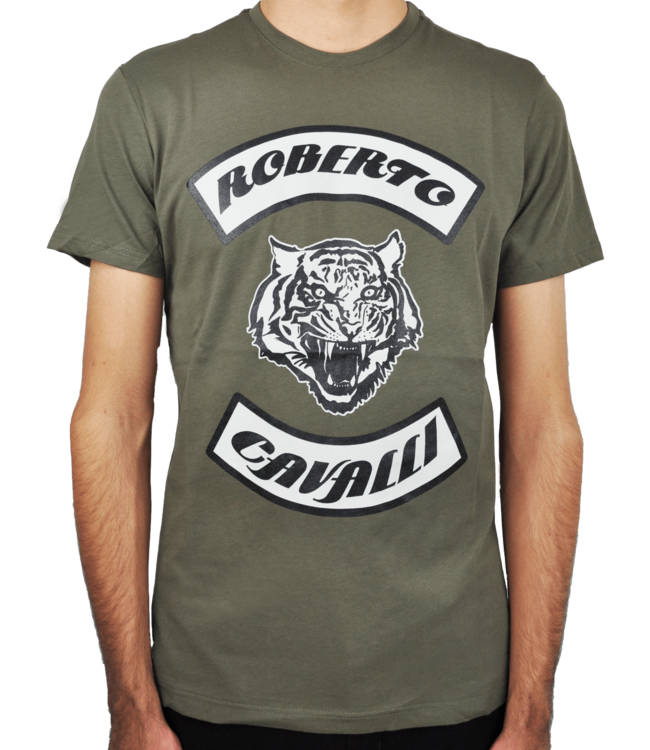 Roberto Cavalli Militärgrünes T-Shirt mit Tigerdruck