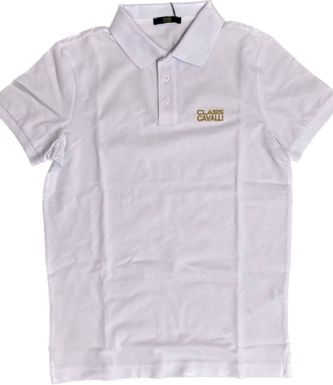 Class Cavalli Weisses Kurzarm-Poloshirt mit goldener  Schrift "Class Cavalli"