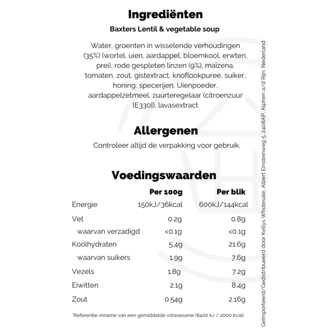 Baxters Lentil & Vegetable Soup 12x400g