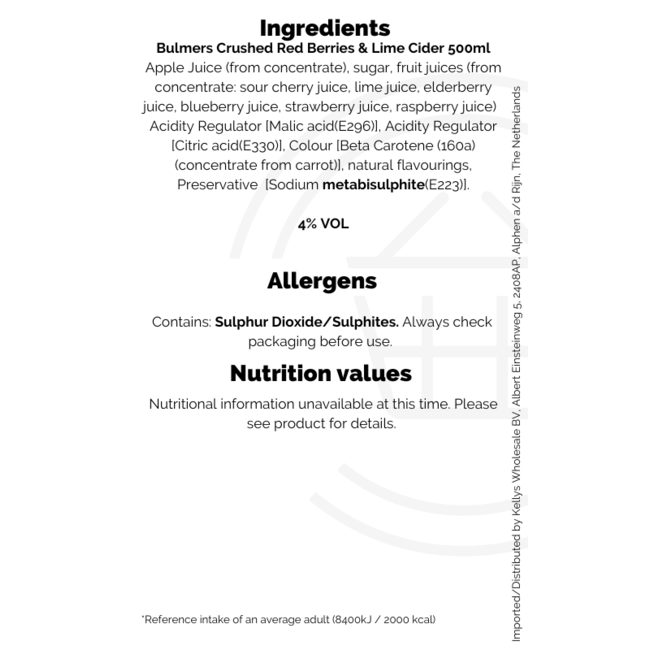 Bulmers Red Berries & Lime ABV 4% 12x500ml