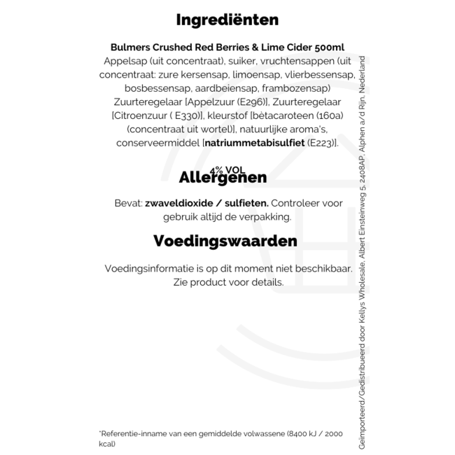 Bulmers Red Berries & Lime ABV 4% 12x500ml