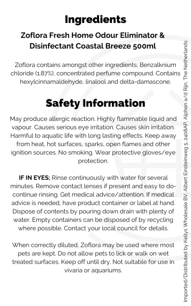 Zoflora Fresh for Animal Coastal Breeze 12 x 500 ml Kellys Wholesale