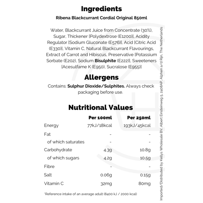 Ribena Blackcurrant Cordial Original 12x850ml