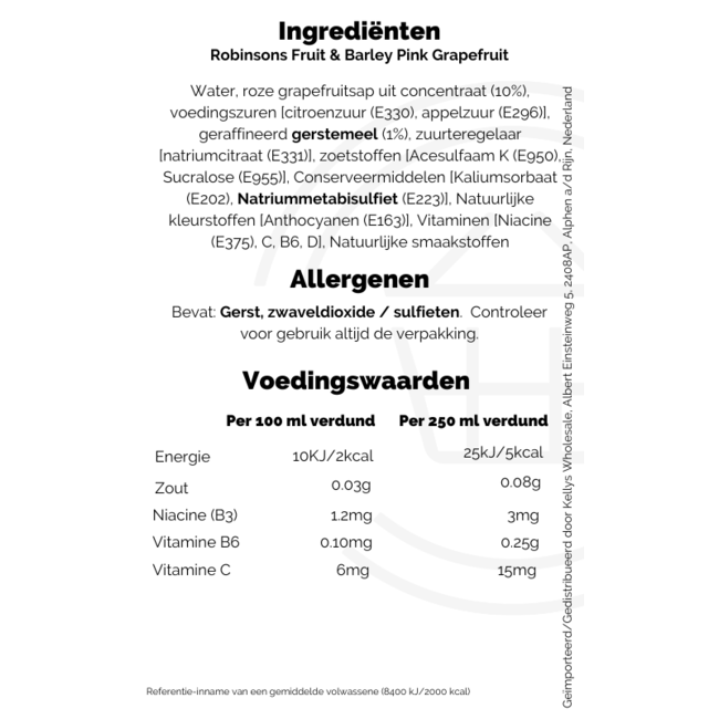 Robinsons Fruit & Barley Pink Grapefruit 12x1L