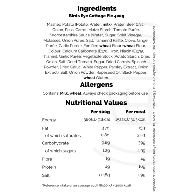Birds Eye Cottage Pie 6x400g