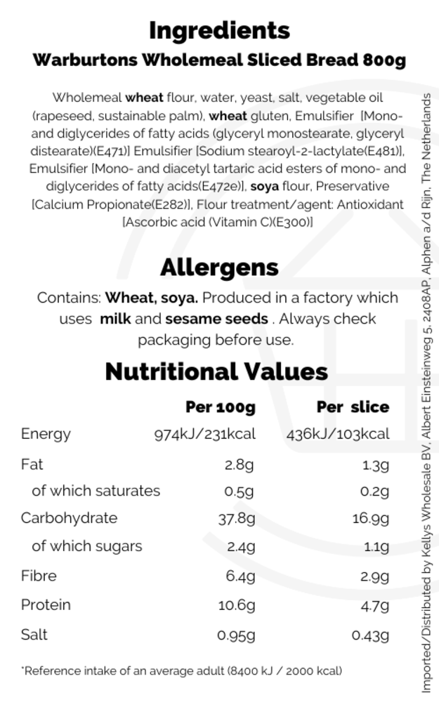 Warburtons Wholemeal Sliced Bread 10 x 800g Frozen Selection Kellys