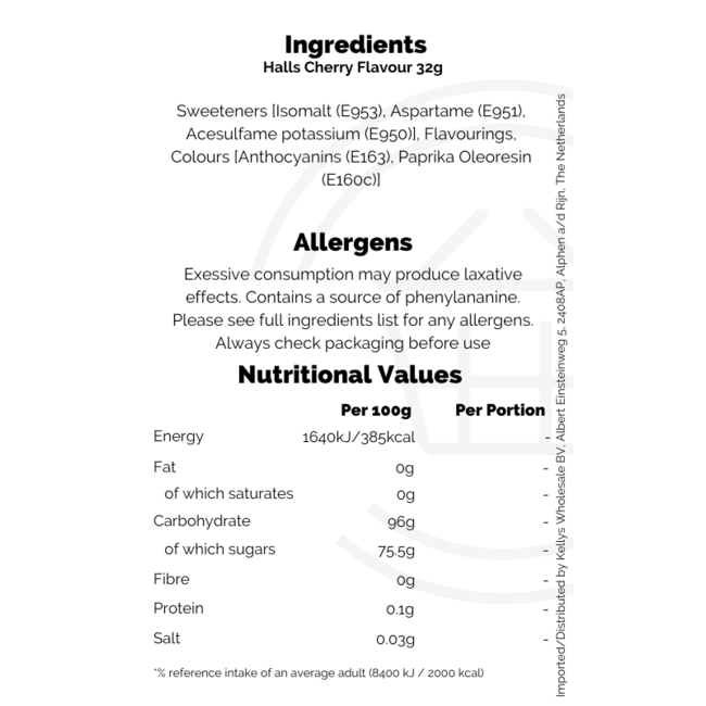 Halls Menthol Cherry Sugar Free* 20x32g