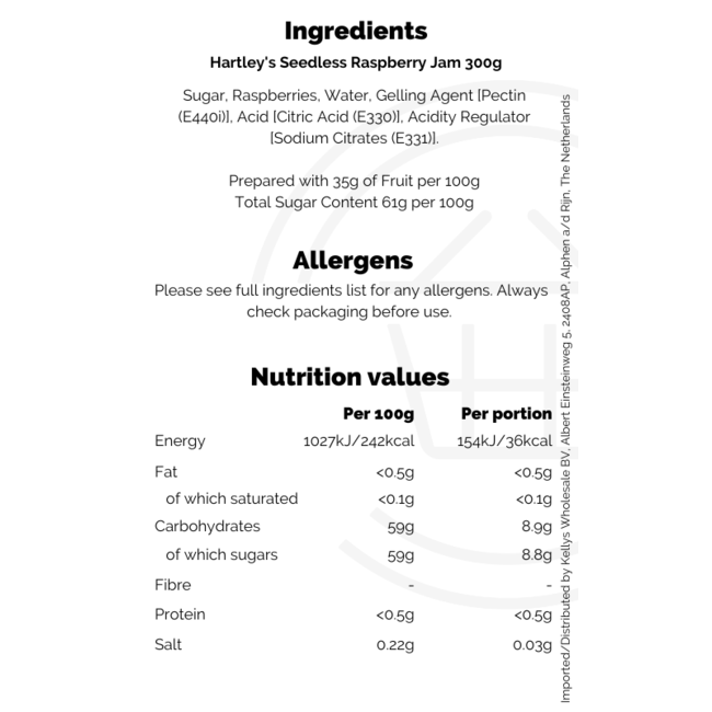 Hartley's Best Raspberry Seedless Jam 6x340g