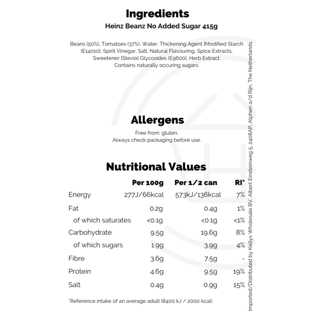 Heinz Beanz No Added Sugar 24x415g