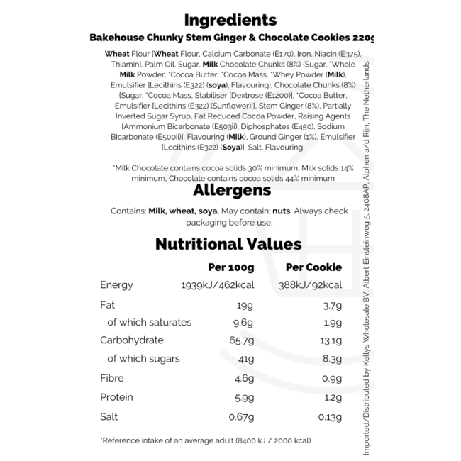 Bakehouse Chunky Stem Ginger & Chocolate Cookies 12x220g
