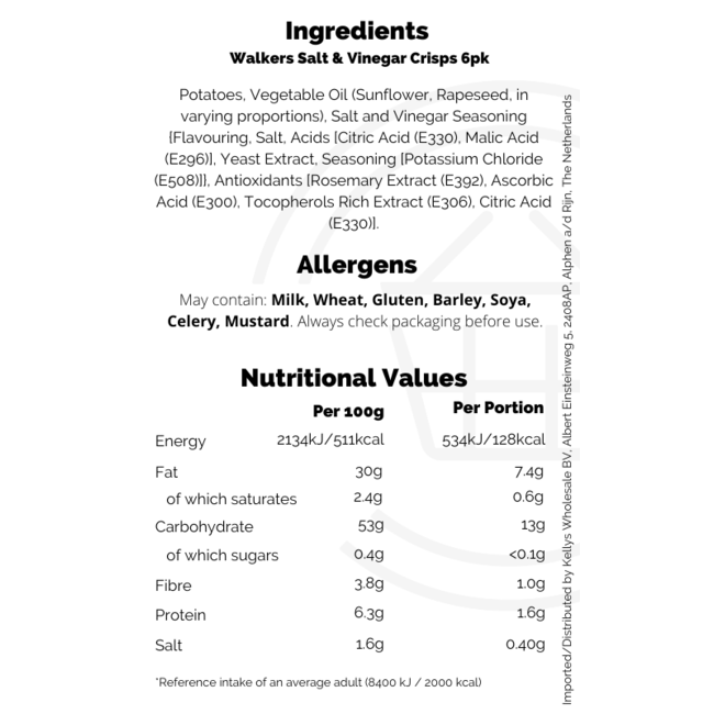 Walkers Salt & Vinegar 18x6pk