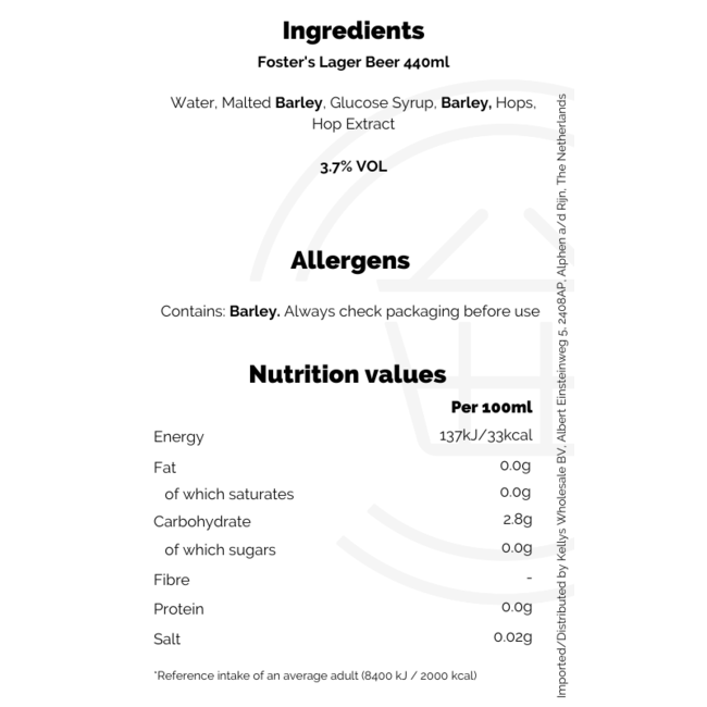 Fosters 4pk Pint ABV3.7% 6x4x440ml