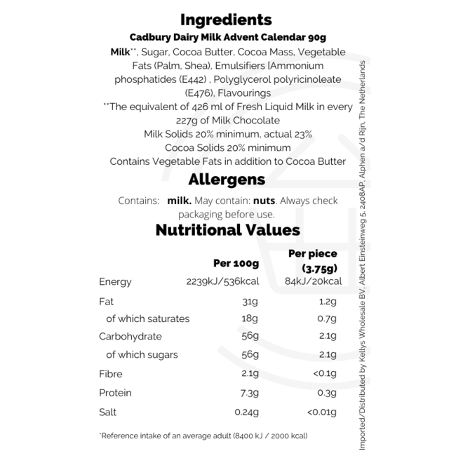 Cadbury Dairy Milk Advent Calendar HOD PS 72x90g
