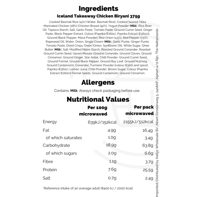 Iceland Takeaway Chicken Biryani 24x375g