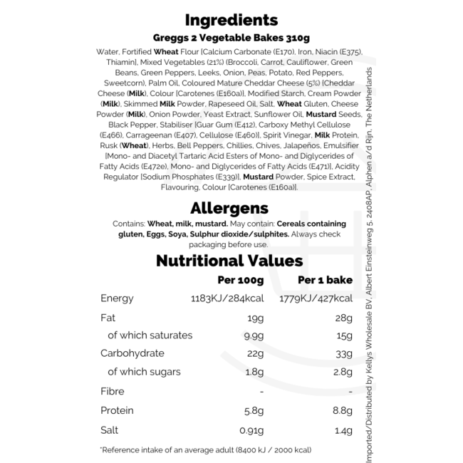 Greggs 2 Vegetable Bakes 30x310g