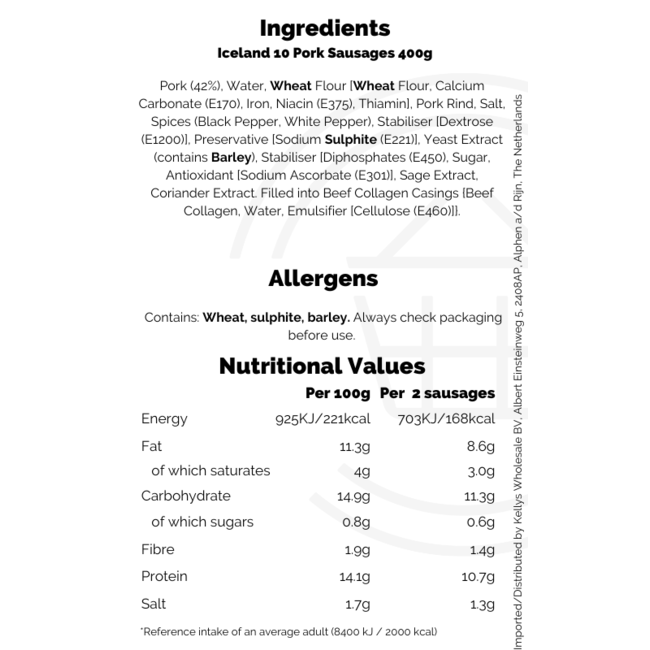 Iceland 10 Pork Sausages 24x400g