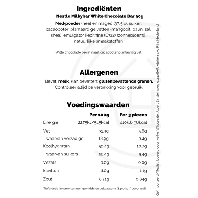 Nestle Milkybar White Chocolate Bar 20x90g