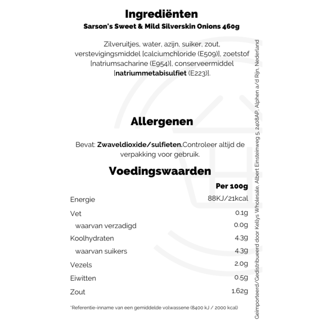 Sarson's Sweet & Mild Silverskin Onions 6x460g