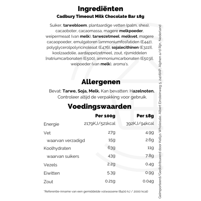 Cadbury Timeout Milk Chocolate Bar 40x18g