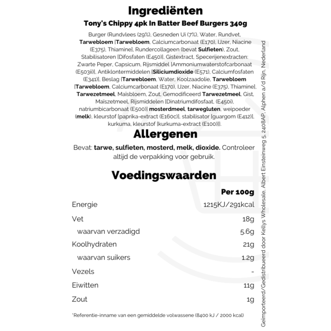 Tony's Chippy 4pk In Batter Beef Burgers 10x340g