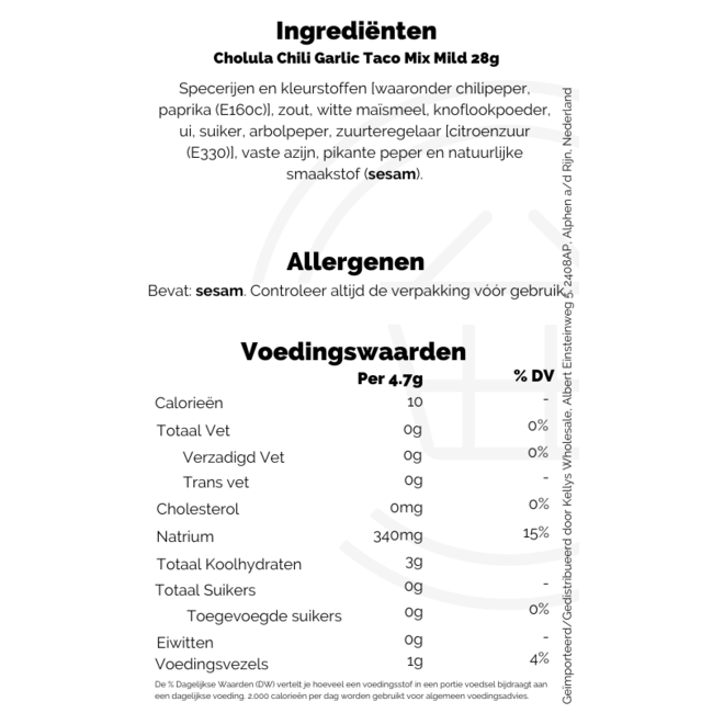 Cholula Chili Garlic Taco Mix Mild 12x28g