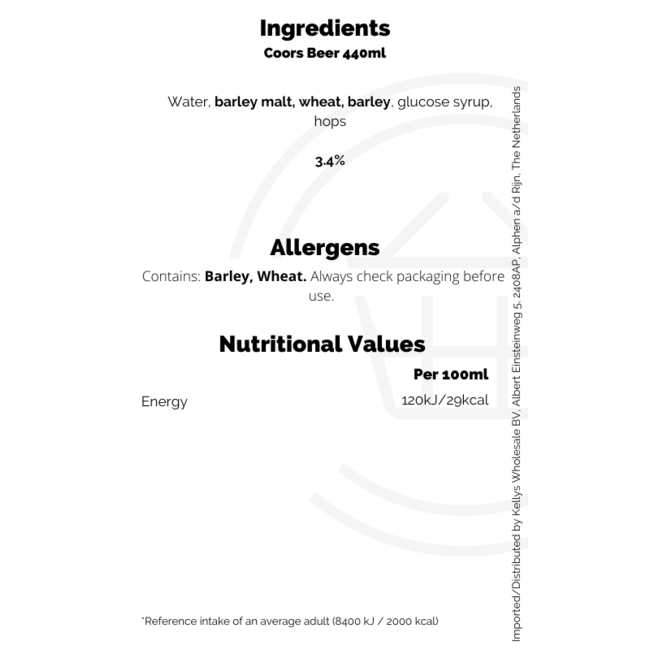 Coors 4pk ABV 3.4% 6x4x440ml