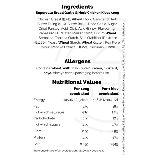 Supervalu Bread Garlic & Herb Chicken Kievs 18x500g