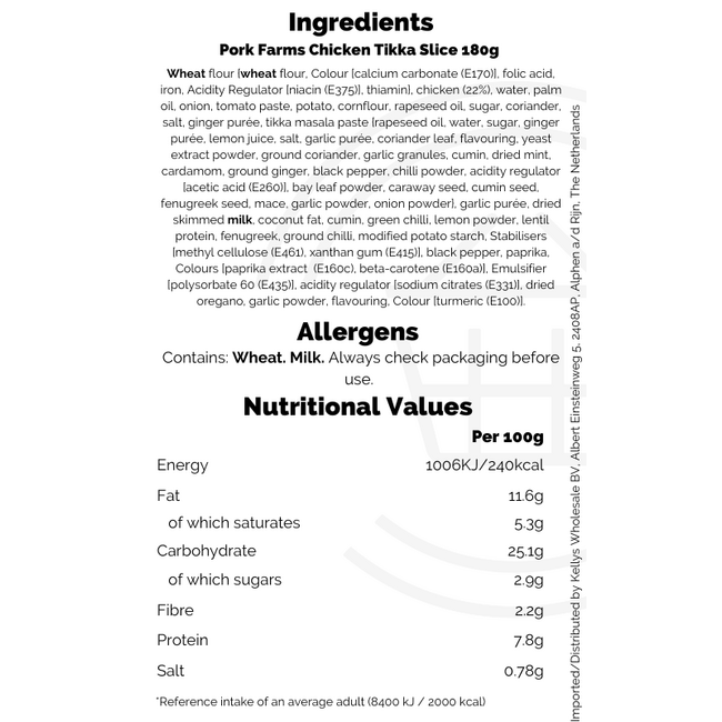 Pork Farms Chicken Tikka Slice 6x180g