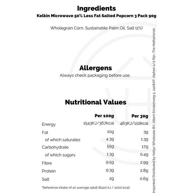 Kelkin Microwave 50% Less Fat Salted Popcorn 3 Pack  16x90g