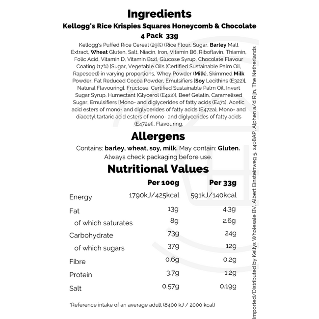 Kellogg's Rice Krispies Squares Honeycomb & Chocolate 4 Pack  11x33g