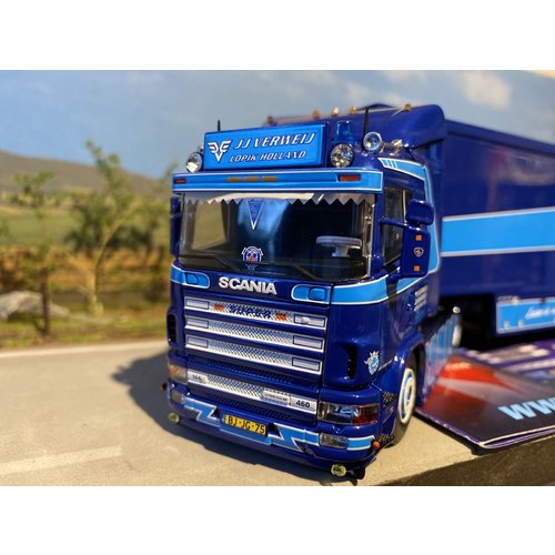 Tekno Tekno Scania 144L met schuifzeilen oplegger JJ Verweij Lopik 2e uitgave Tekno Tekno Scania 144L met schuifzeilen oplegger JJ Verweij Lopik 2e uitgave