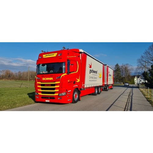 Tekno Tekno Scania Next Gen R-serie Highline schuifzeilen combinatie Gschwend Transporte Tekno Tekno Scania Next Gen R-serie Highline schuifzeilen combinatie Gschwend Transporte