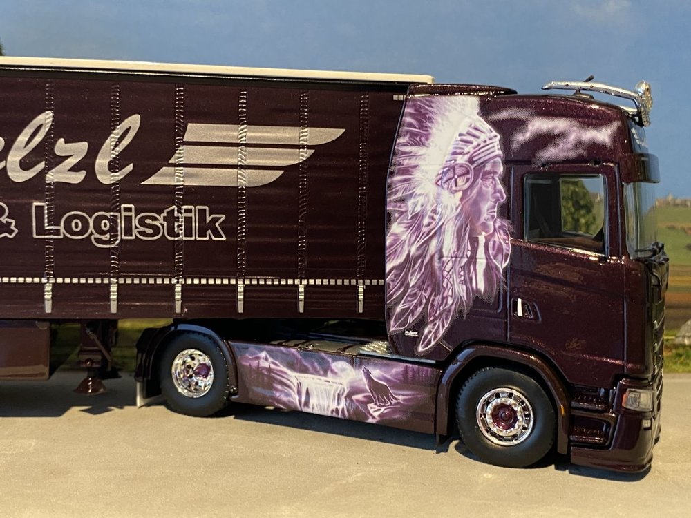 Tekno Tekno Scania Next Gen S650 highline met schuifzeilen oplegger Stelz