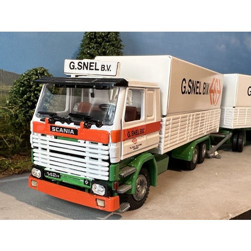 Tekno Tekno Scania 142H 6x2 Voorwagen met 2 as aanhanger Huifkombi G. Snel B.V. Tekno Tekno Scania 142H 6x2 Voorwagen met 2 as aanhanger Huifkombi G. Snel B.V.
