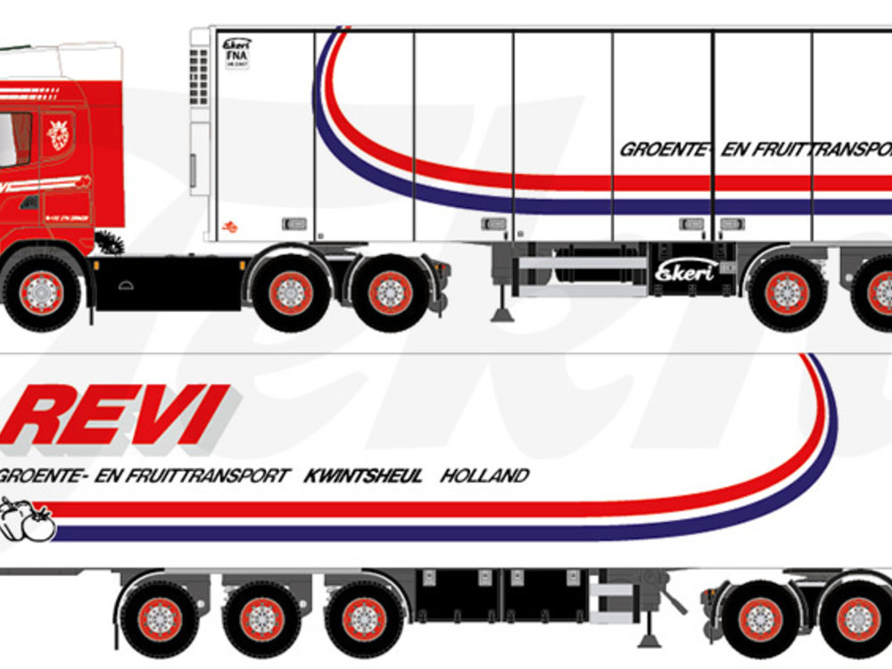 Tekno Tekno Scania R-serie Topline 6x2 met 3-assige koeloplegger REVI