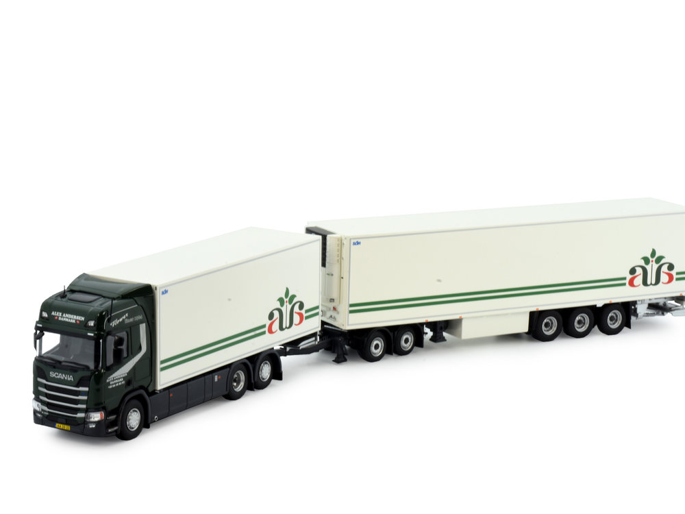 Tekno Tekno Scania Next Gen R-serie Highline motorwagen met dolly en 3-assige koeloplegger Alex Andersen