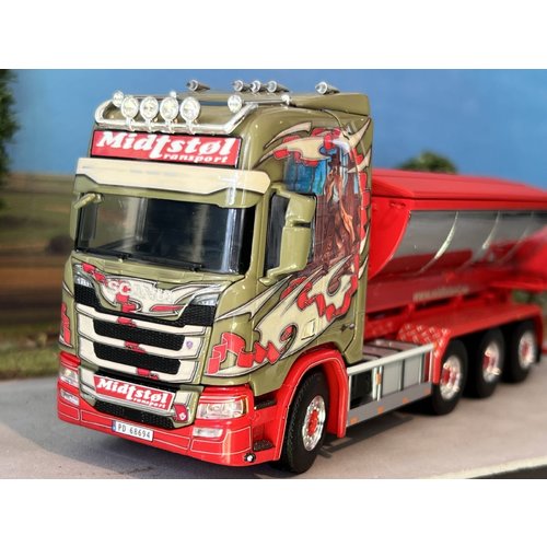 WSI WSI  Scania R Highline 8x4 Haakarm systeem + asfalt container MIDTSTOL