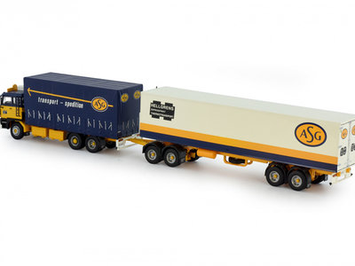 Tekno DAF 2800 motorwagen huifbak met klassieke 2-assige koelaanhanger ASG