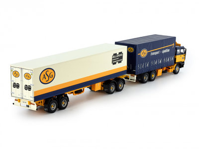 Tekno DAF 2800 motorwagen huifbak met klassieke 2-assige koelaanhanger ASG