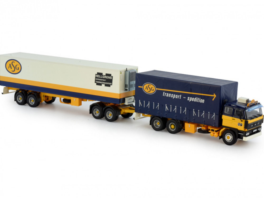 Tekno DAF 2800 motorwagen huifbak met klassieke 2-assige koelaanhanger ASG